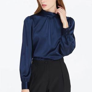 LILYSILK | Retro Style Silk Blouse in Navy Blue Sz SM - NWOT